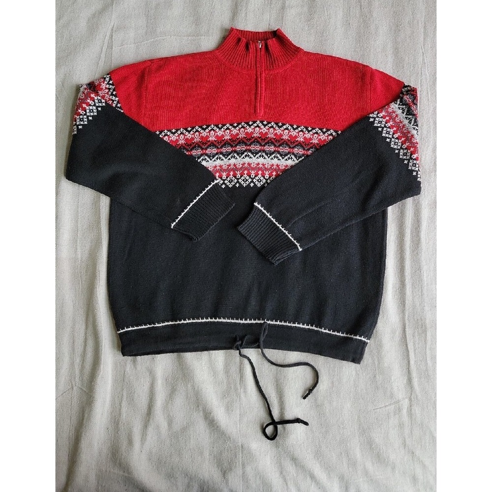 Liz Claiborne Pullover Sweater Womens S 1/4 Zip Red‎ Black Snowflake fair isle
